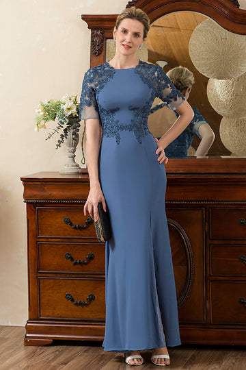 Blue Mermaid Open Back Mother of the Bride Dress with Slit